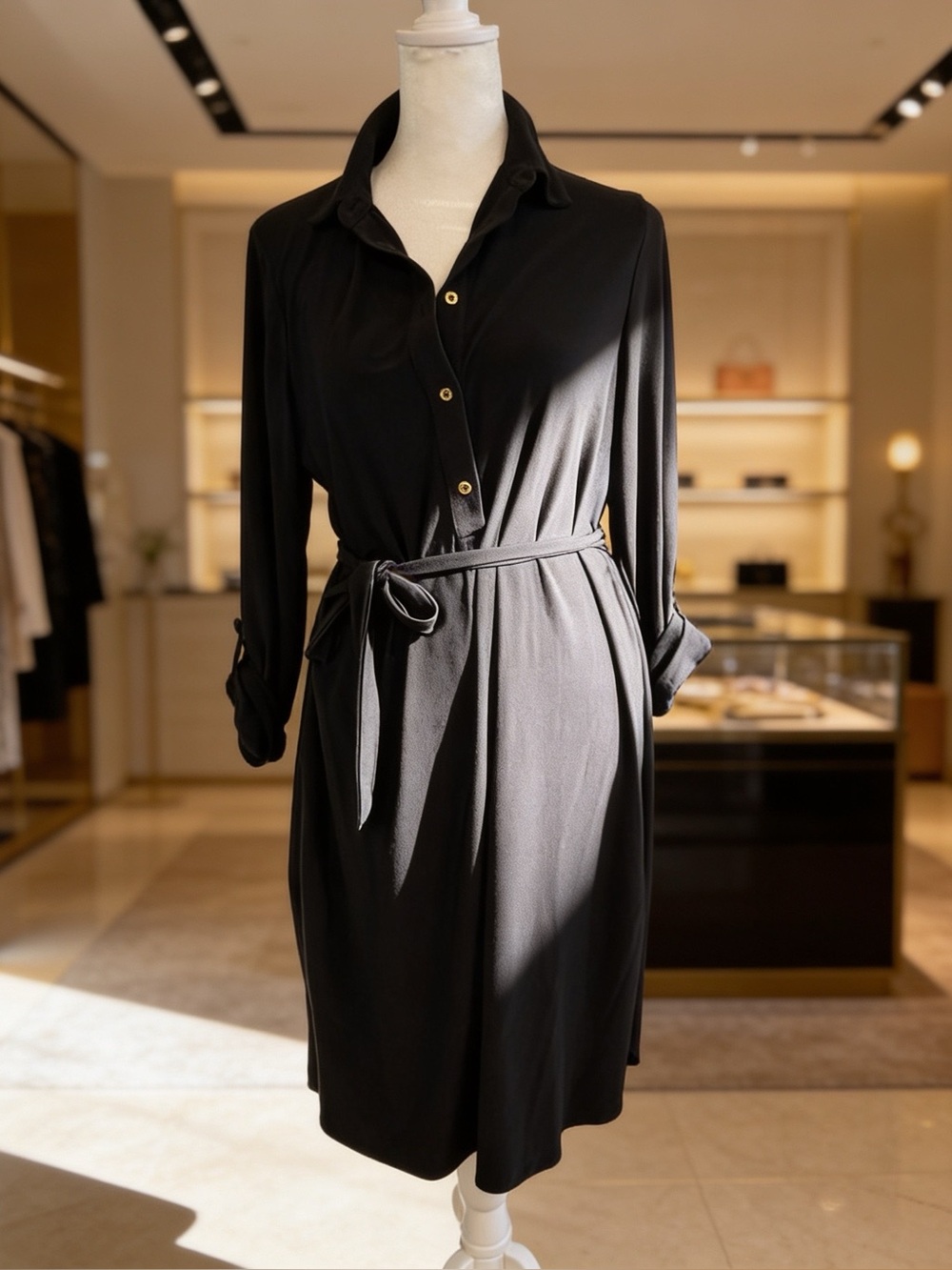 Classic Black Shirt Dress with Tie Waist